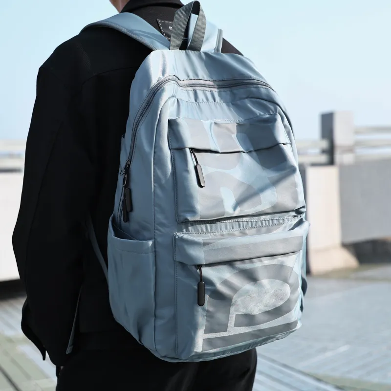 SAIQI Oxford Double Shoulder Backpack Regular Unisex Gray Blue-6