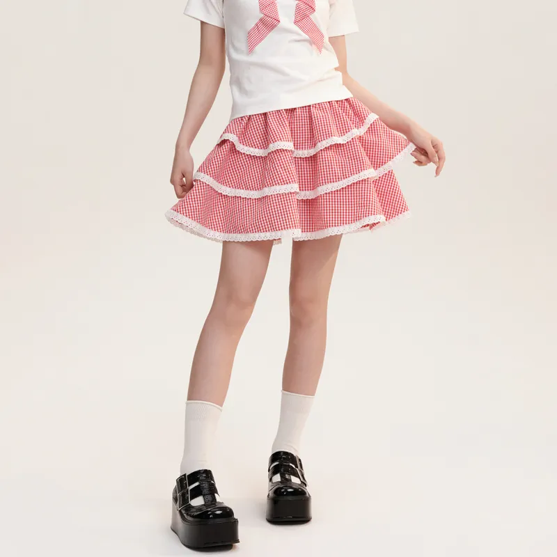 AooRaa Casual Short Skirts Women's Red Plaid-3