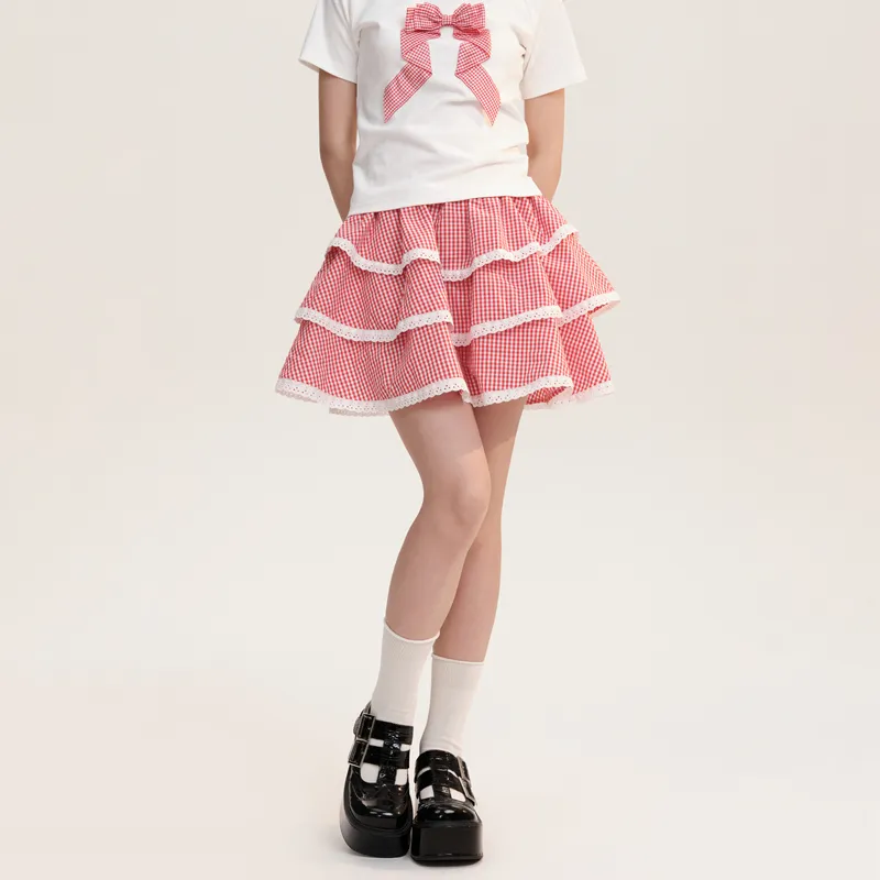 AooRaa Casual Short Skirts Women's Red Plaid-2