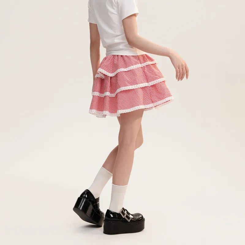 AooRaa Casual Short Skirts Women's Red Plaid-5