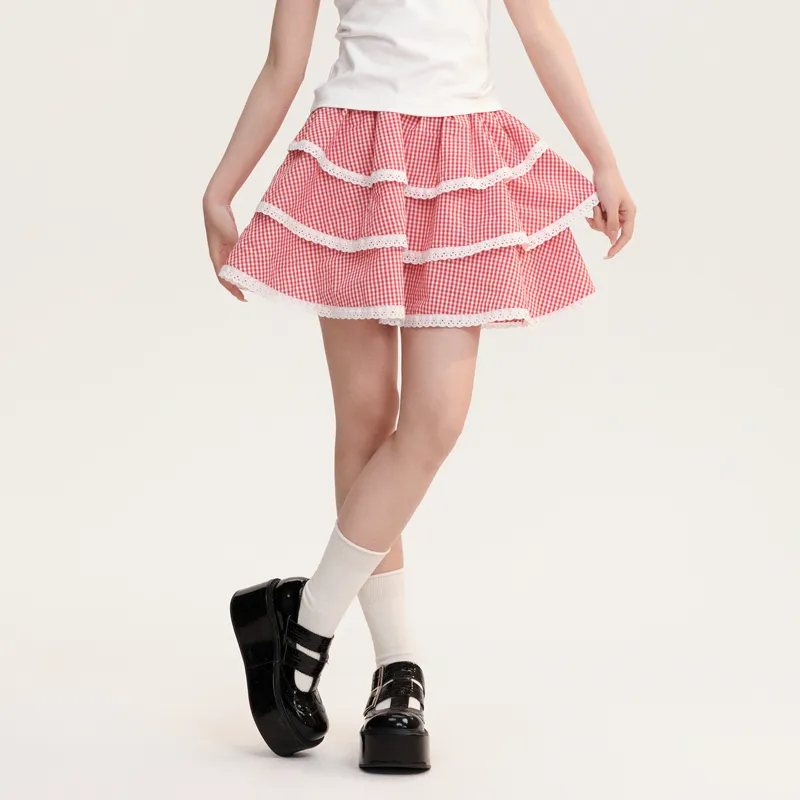 AooRaa Casual Short Skirts Women's Red Plaid-4