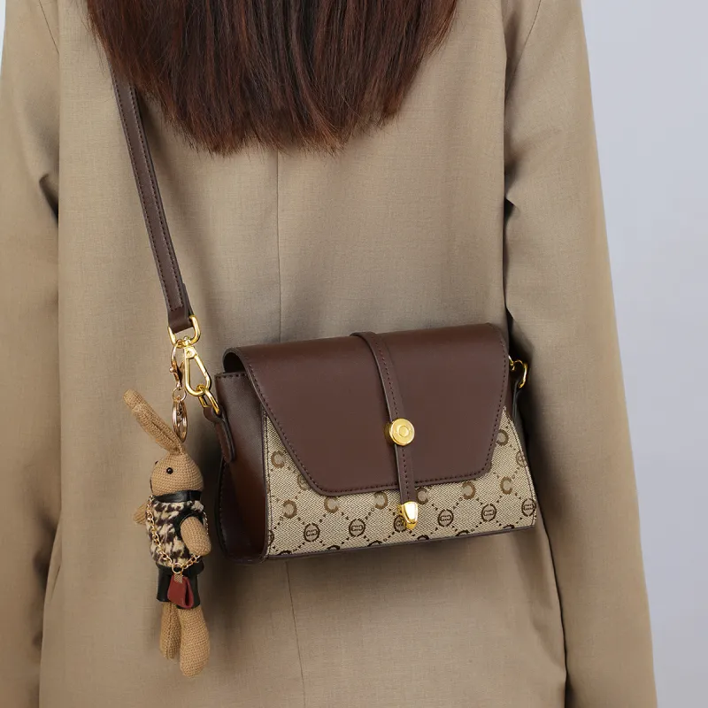 C°BANNER Synthetic Leather, Textile Mosaic Small Square Bag, Cell Phone Pouch, Shoulder Bag Women's Coffee-2