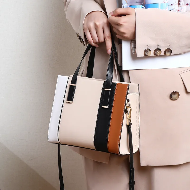 C°BANNER Cow Leather With Synthetic Leather Portable One Shoulder Tote Regular Women's Ecru Patchwork-3