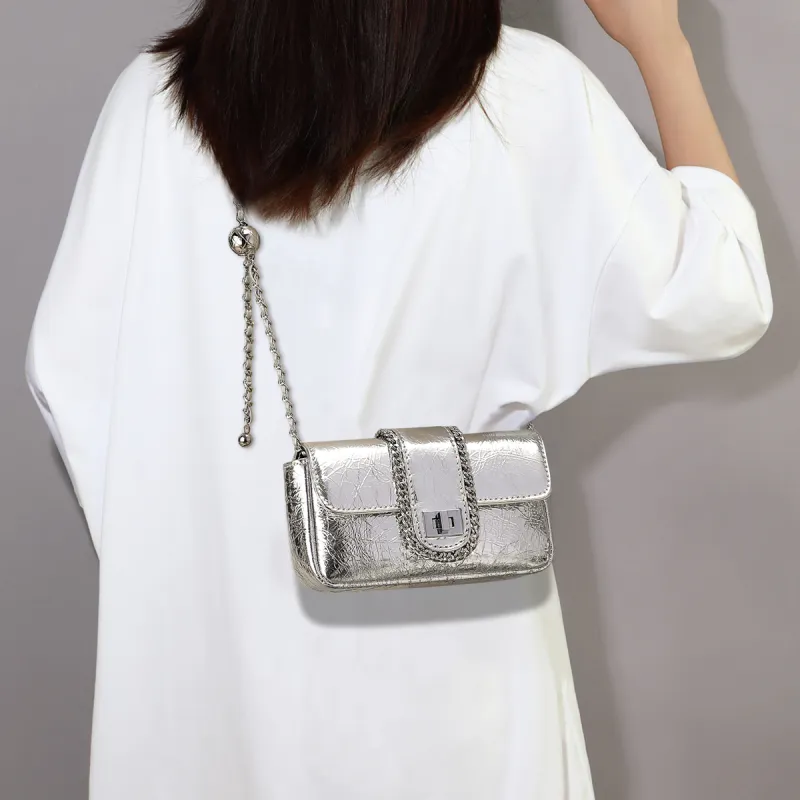 C°BANNER Cow Leather With Synthetic Leather Crossbody Small Square Bag, Chain Bag Regular Women's Silver/Black-1