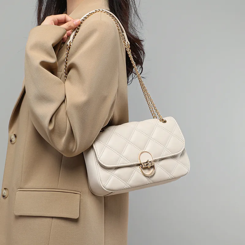 C°BANNER Cow Leather With Synthetic Leather One Shoulder Crossbody Chain Small Square Bag Regular Women's Ecru-1