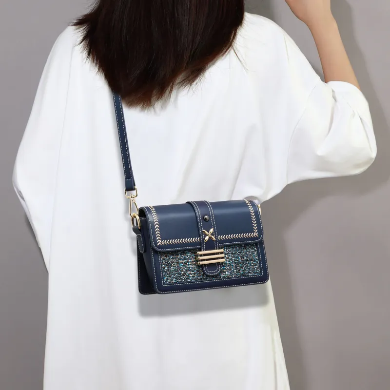 C°BANNER Cow Split Leather Synthetic Leather Textile Backpack Small Square Bag Crossbody Bag Shoulder Bag Women's Blue-6