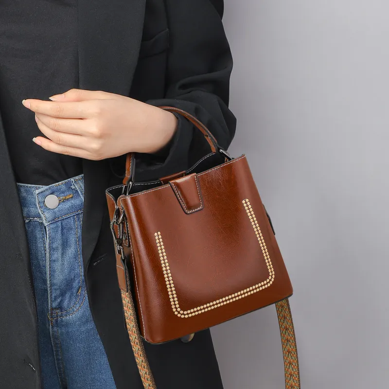 C°BANNER Split Cow Leather With Synthetic Leather Bucket Bag Handbag Regular Women's Vintage Brown-1