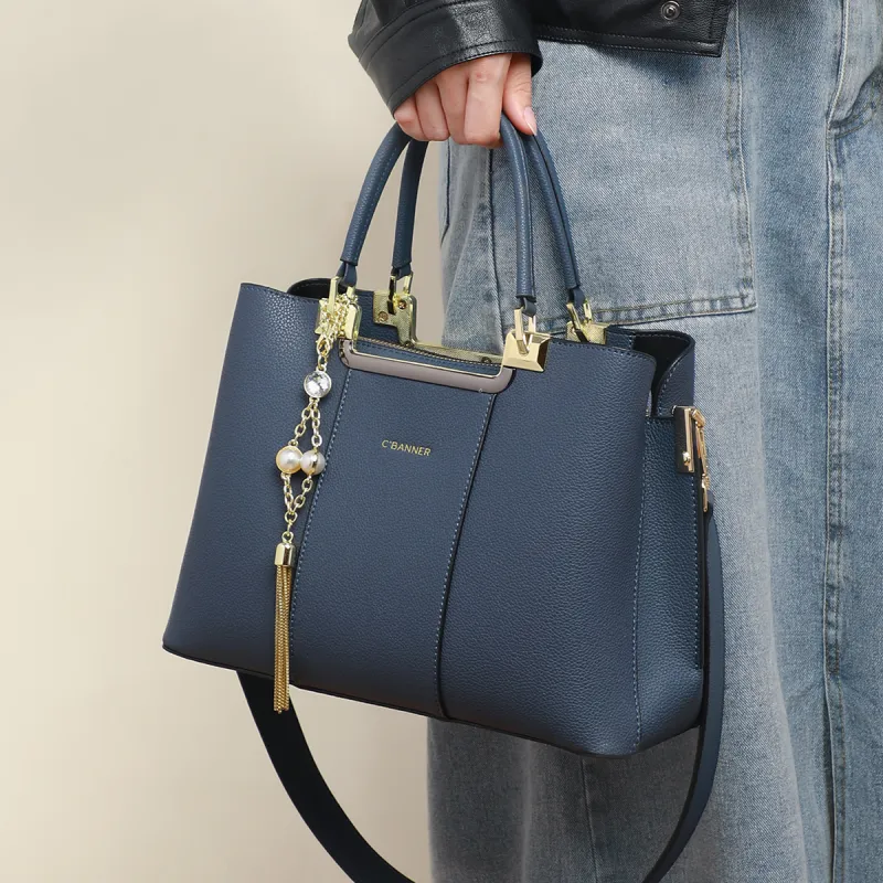 C°BANNER Cow Leather With Synthetic Leather Handbag, Tote Bag, Shoulder Bag, Crossbody Bag Tubas Women's Blue/Ecru-1