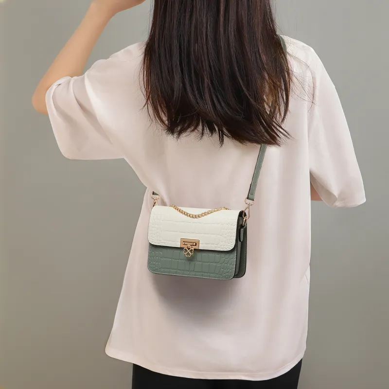 C°BANNER Cow Leather With Synthetic Leather Small Square Bag, Crossbody Bag, Shoulder Bag Women's White & Green-1