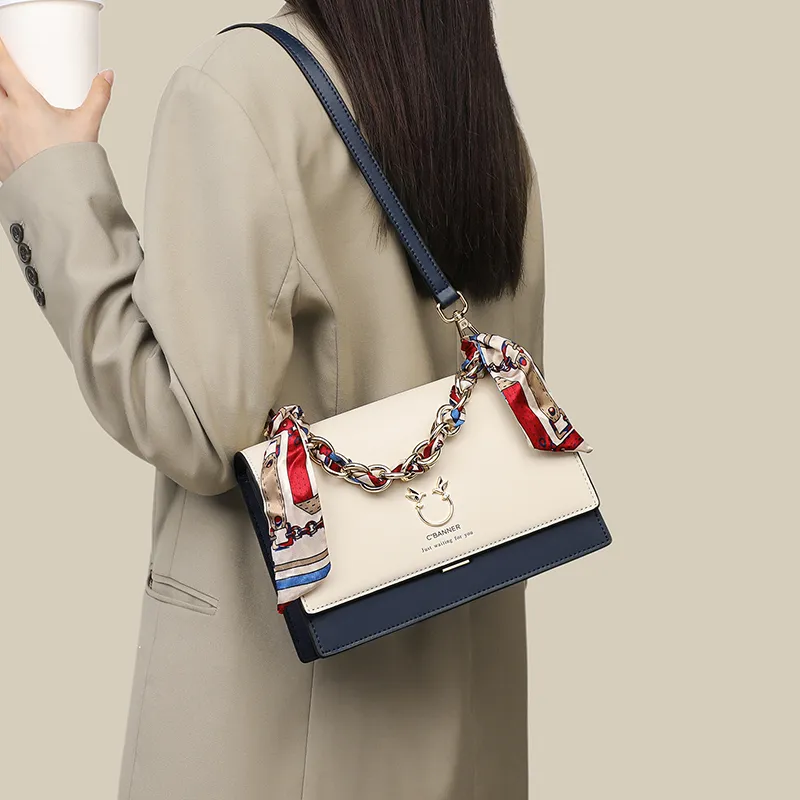 C°BANNER Cow Leather With Synthetic Leather Small Square Bag, Crossbody Handbag Regular Women's White & Blue-1