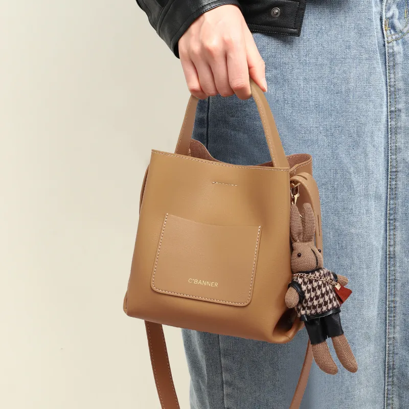 C°BANNER Cow Leather Patchwork Synthetic Leather Bucket Bags Handbags Regular Women's Smoke Gray/Tea Brown-5