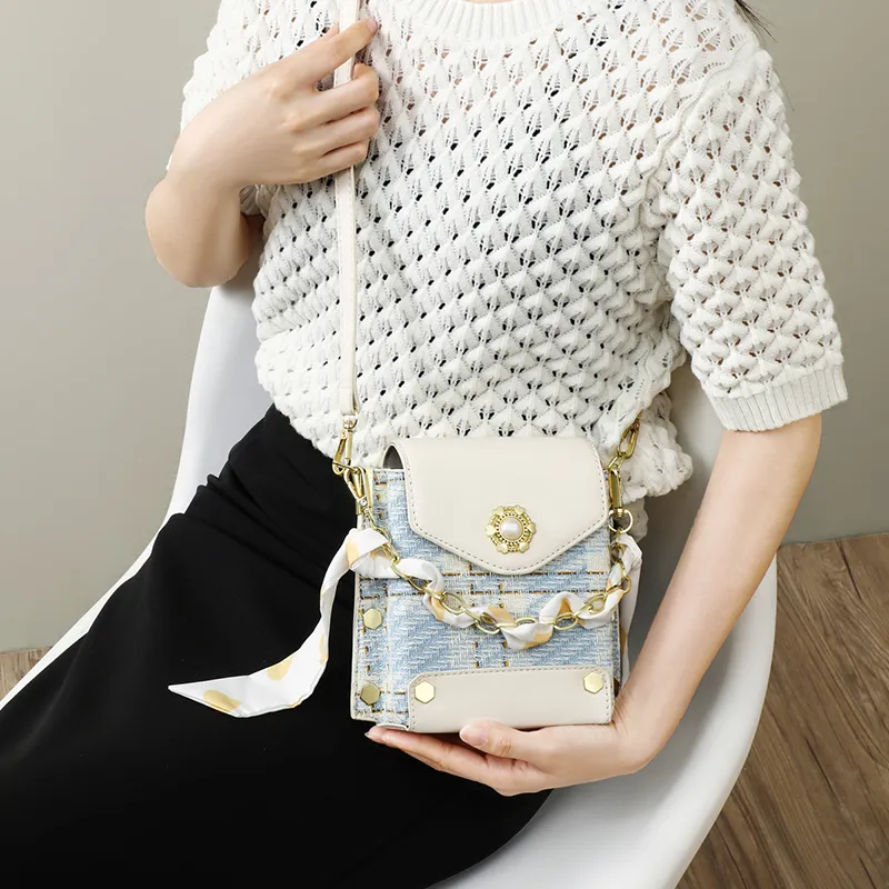 C°BANNER Cow Split Leather, Fabric, Synthetic Leather One Shoulder Handbag Regular Women's Light Blue-2