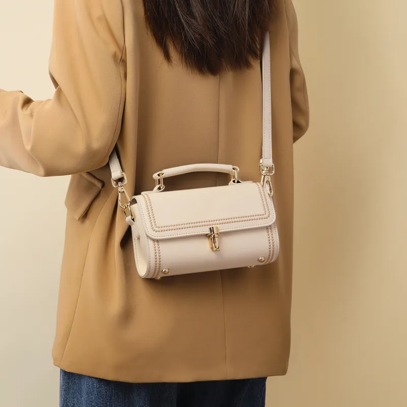 C°BANNER Split Cow Leather With Synthetic Leather One Shoulder Handbag Small Size Women's White-1