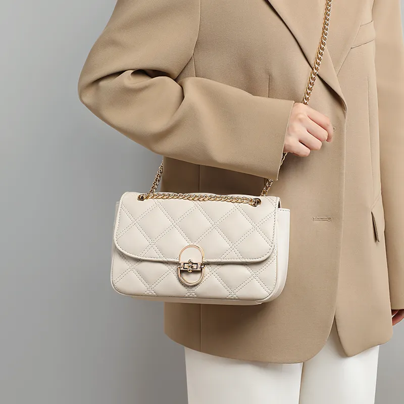 C°BANNER Cow Leather With Synthetic Leather One Shoulder Crossbody Chain Small Square Bag Regular Women's Ecru-2