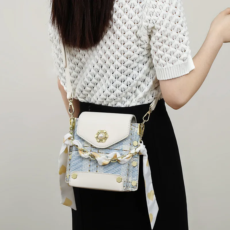 C°BANNER Cow Split Leather, Fabric, Synthetic Leather One Shoulder Handbag Regular Women's Light Blue-3