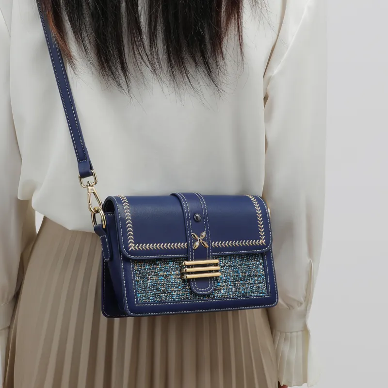 C°BANNER Cow Split Leather Synthetic Leather Textile Backpack Small Square Bag Crossbody Bag Shoulder Bag Women's Blue-4