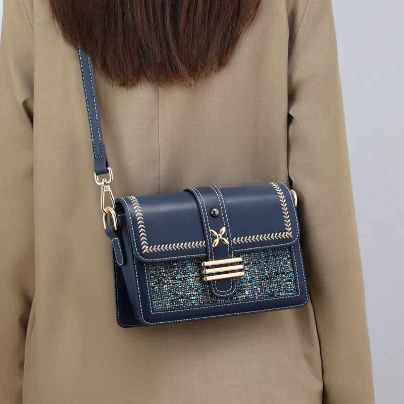C°BANNER Cow Split Leather Synthetic Leather Textile Backpack Small Square Bag Crossbody Bag Shoulder Bag Women's Blue-3