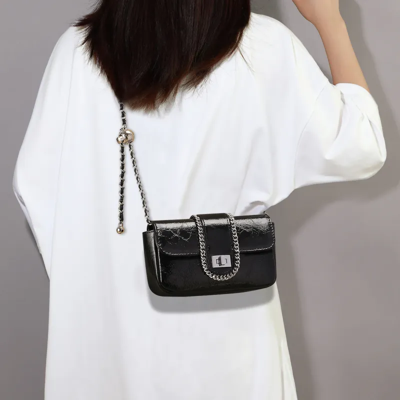 C°BANNER Cow Leather With Synthetic Leather Crossbody Small Square Bag, Chain Bag Regular Women's Silver/Black-7