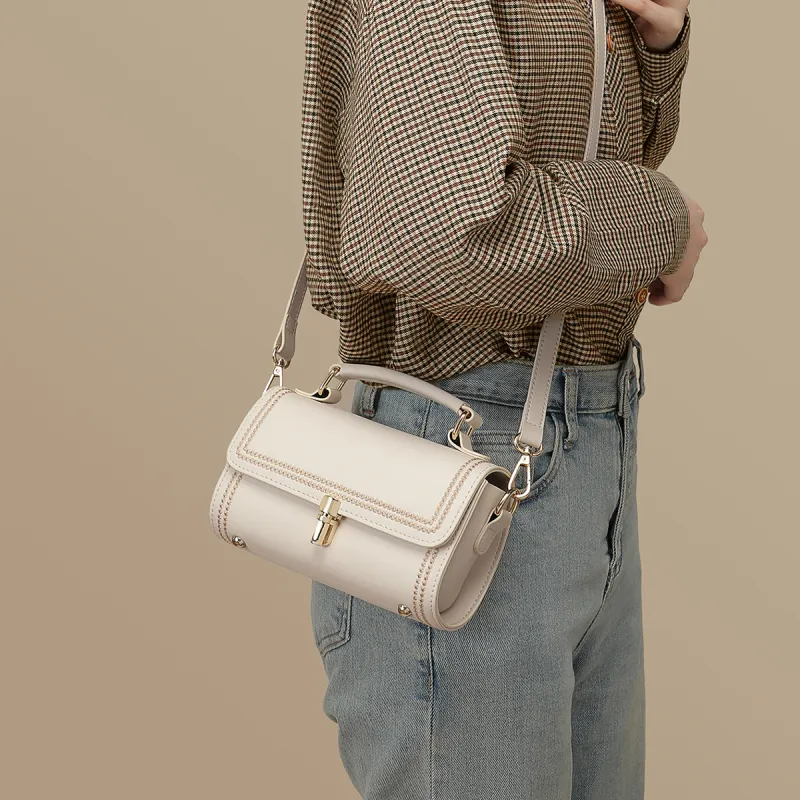 C°BANNER Split Cow Leather With Synthetic Leather One Shoulder Handbag Small Size Women's White-2