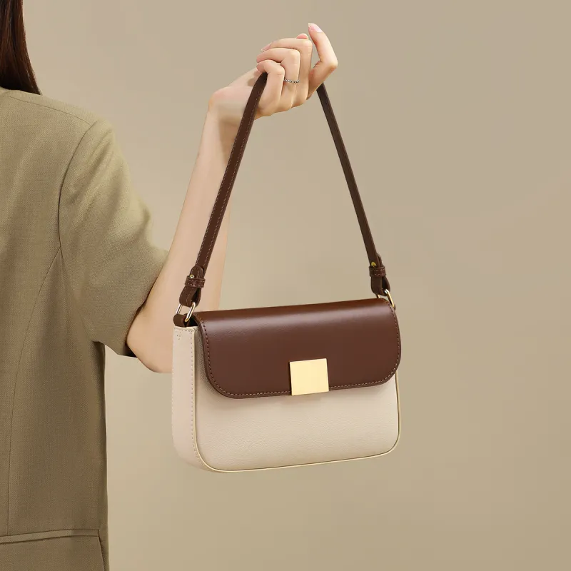 C°BANNER Cow Leather With Synthetic Leather Small Square Bag, Shoulder Bag, Handbag Regular Women's Ecru & Coffee-2