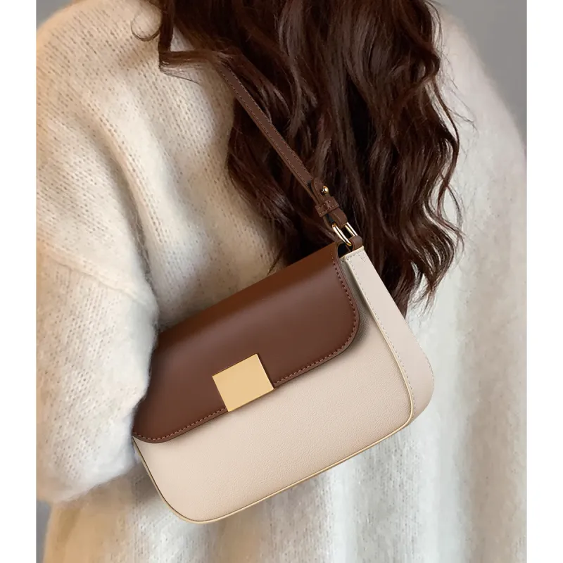 C°BANNER Cow Leather With Synthetic Leather Small Square Bag, Shoulder Bag, Handbag Regular Women's Ecru & Coffee-1
