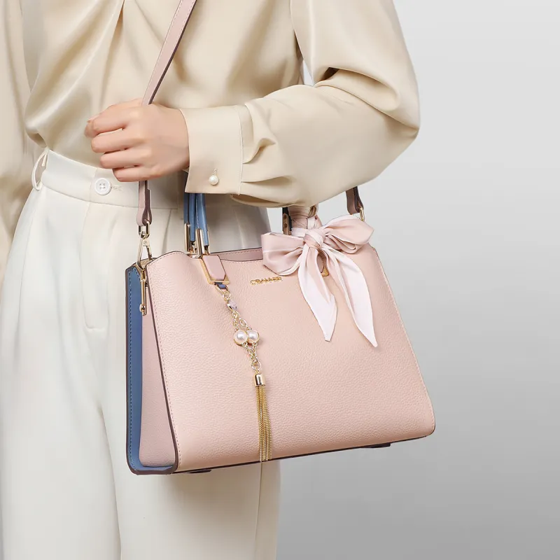 C°BANNER Cow Leather With Synthetic Leather Handbag, Shoulder Bag, Crossbody Bag, Kelly Bag Women's Beige Apricot-2