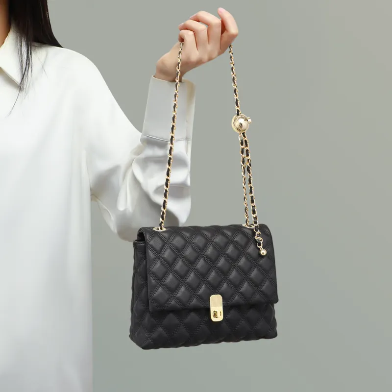 C°BANNER Cow Leather Small Square Bag With Diamond Pattern, Chain Bag, Crossbody Bag Regular Women's Black-12