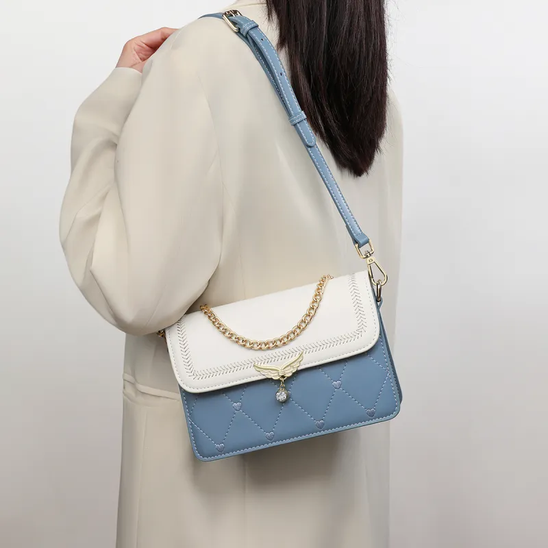 C°BANNER Cow Leather With Synthetic Leather One Shoulder Crossbody Small Square Bag Regular Women's Blue & White-1