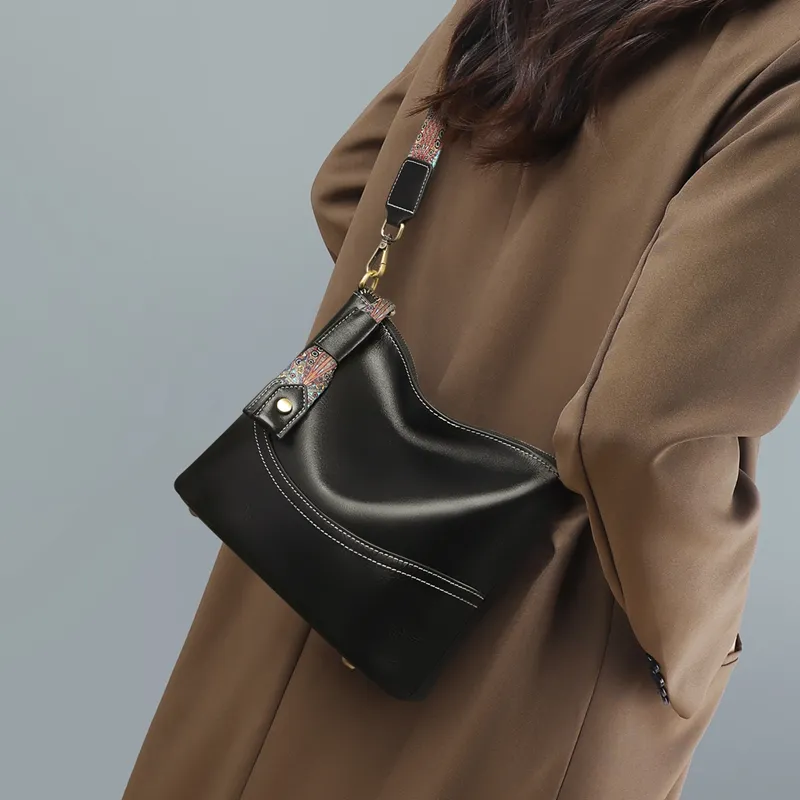 C°BANNER Cow Leather With Synthetic Leather One Shoulder Crossbody Tofu Bag Women's Black-1