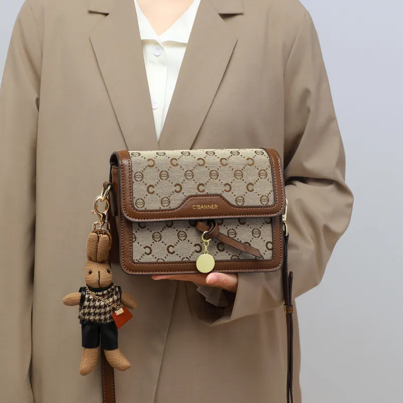 C°BANNER Synthetic Leather, Textile Mosaic Small Square Bag Shoulder Bag, Crossbody Bag Regular Women's Coffee-2