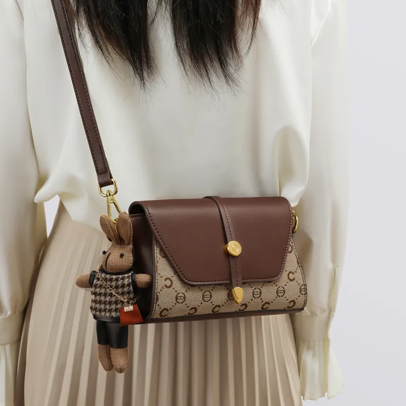 C°BANNER Synthetic Leather, Textile Mosaic Small Square Bag, Cell Phone Pouch, Shoulder Bag Women's Coffee-3