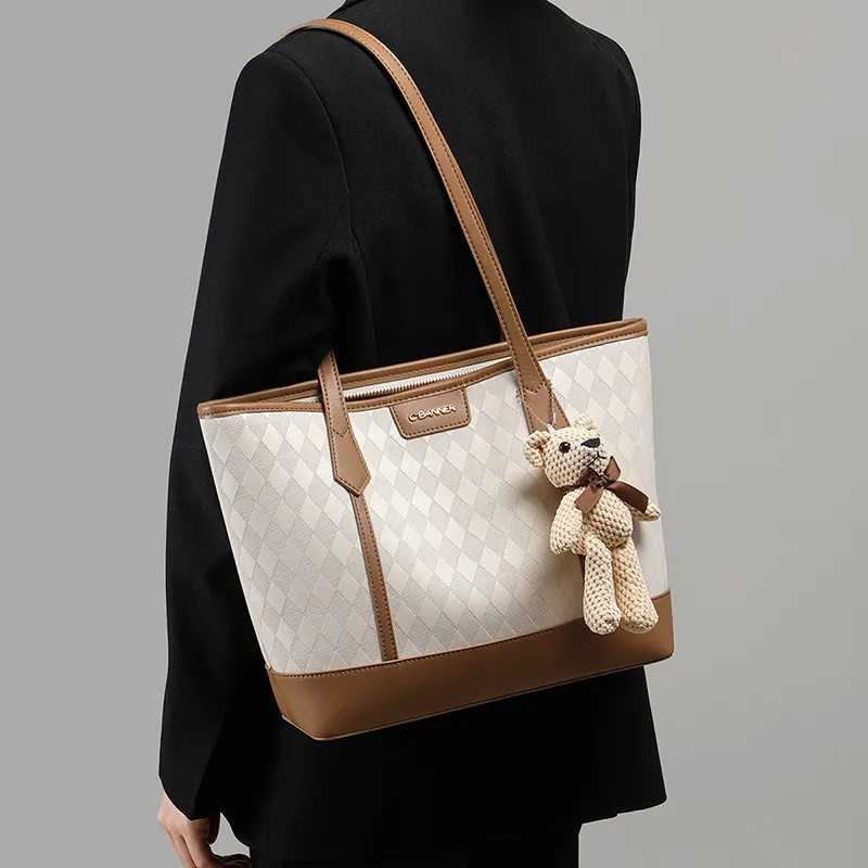 C°BANNER Cow Leather With Synthetic Leather Tote Bag, Shopping Bag, Shoulder Bag Regular Women's Beige White Brown-2