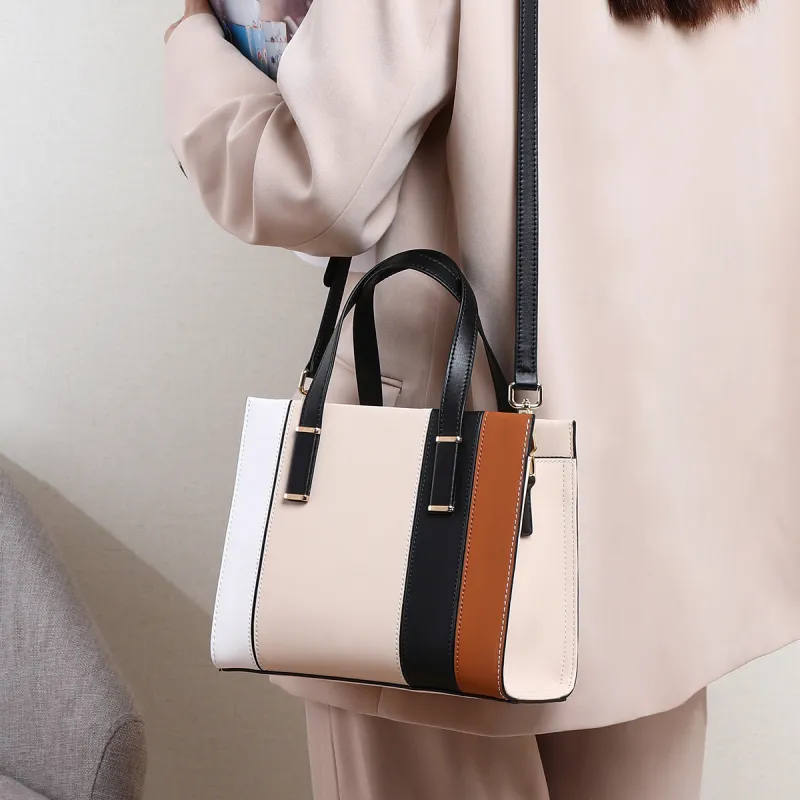 C°BANNER Cow Leather With Synthetic Leather Portable One Shoulder Tote Regular Women's Ecru Patchwork-4