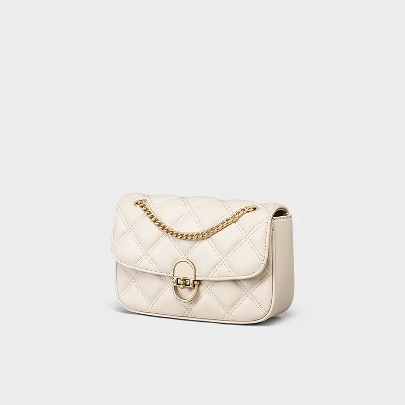C°BANNER Cow Leather With Synthetic Leather One Shoulder Crossbody Chain Small Square Bag Regular Women's Ecru-4