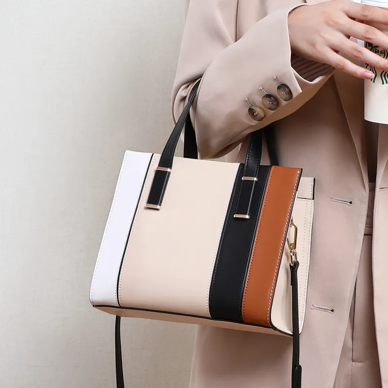 C°BANNER Cow Leather With Synthetic Leather Portable One Shoulder Tote Regular Women's Ecru Patchwork-1