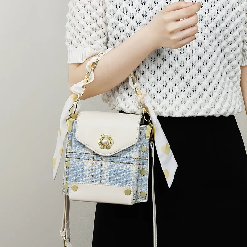 C°BANNER Cow Split Leather, Fabric, Synthetic Leather One Shoulder Handbag Regular Women's Light Blue-4