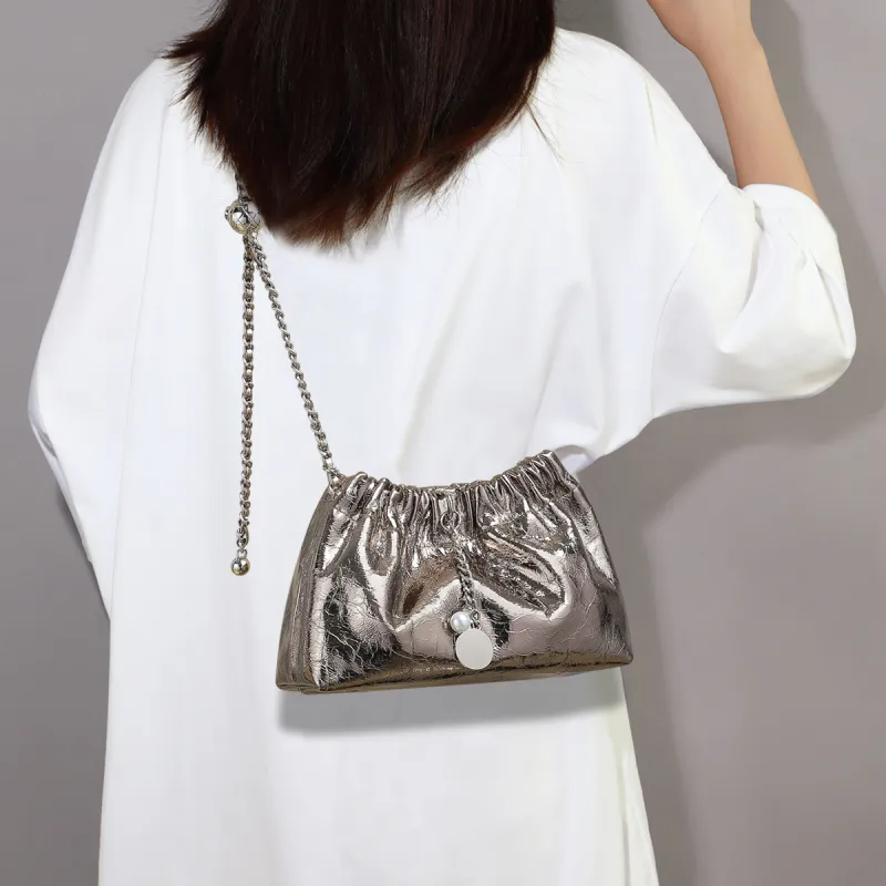 C°BANNER Cow Leather With Synthetic Leather Shoulder Bag, Crossbody Bag, Chain Cloud Bag Women's Gunmetal-1
