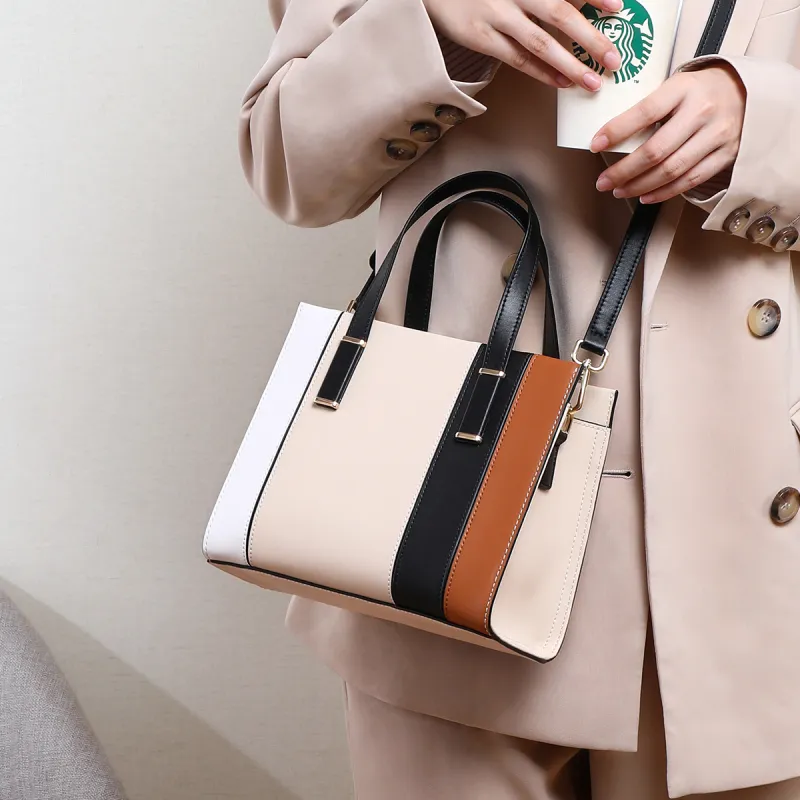 C°BANNER Cow Leather With Synthetic Leather Portable One Shoulder Tote Regular Women's Ecru Patchwork-2