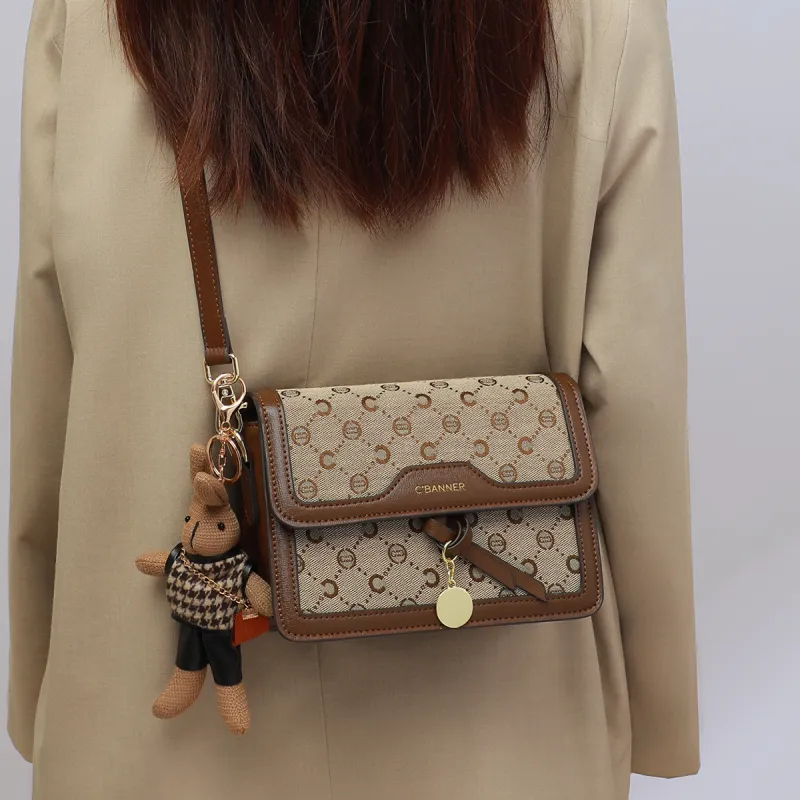 C°BANNER Synthetic Leather, Textile Mosaic Small Square Bag Shoulder Bag, Crossbody Bag Regular Women's Coffee-3