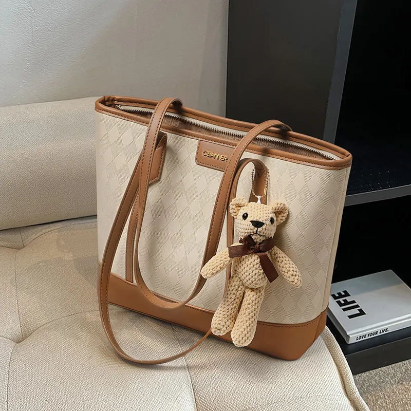 C°BANNER Cow Leather With Synthetic Leather Tote Bag, Shopping Bag, Shoulder Bag Regular Women's Beige White Brown-1