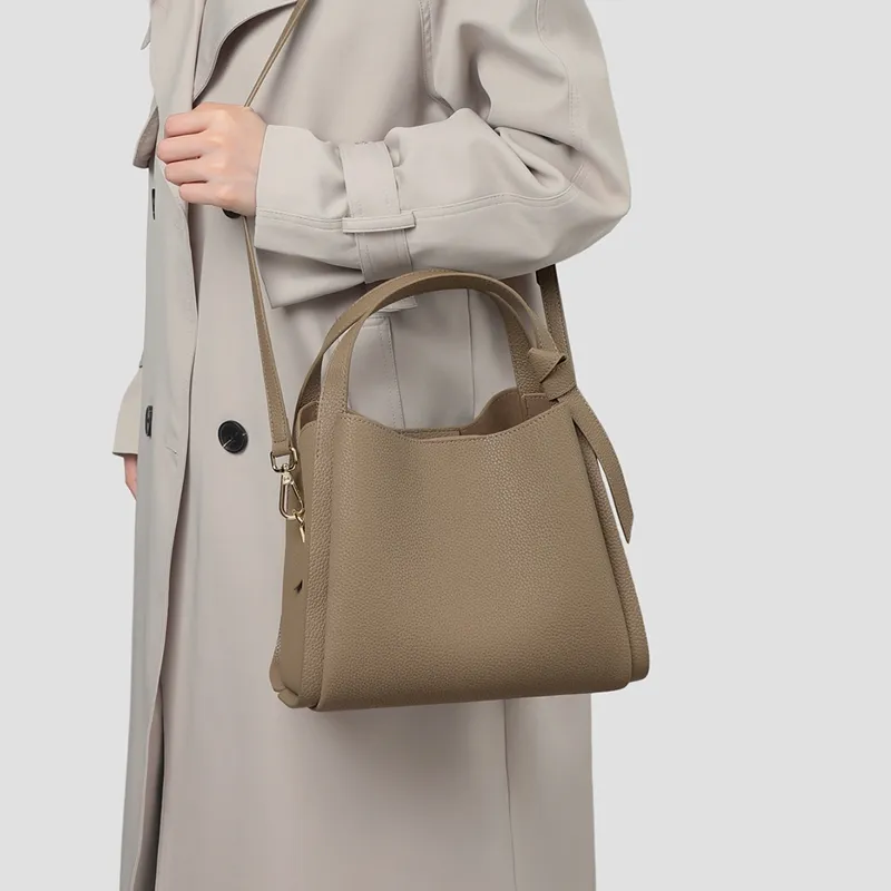 C°BANNER Split Cow Leather With Synthetic Leather One Shoulder Crossbody Handbag, Bucket Bag Women's Elephant Gray-3