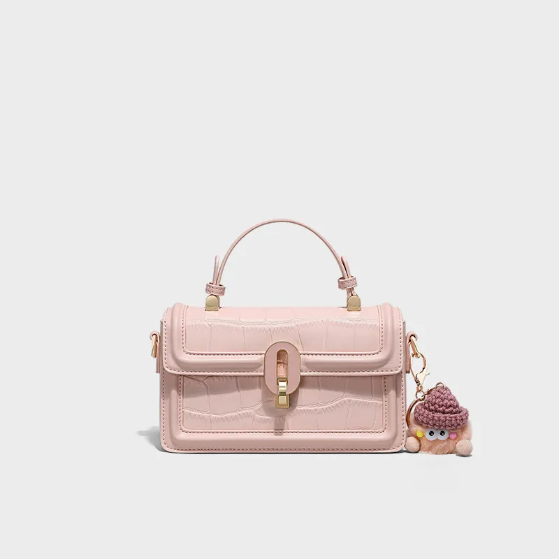 C°BANNER Split Cow Leather With Synthetic Leather One Shoulder Crossbody Portable Small Square Bag Regular Women's Pink-2
