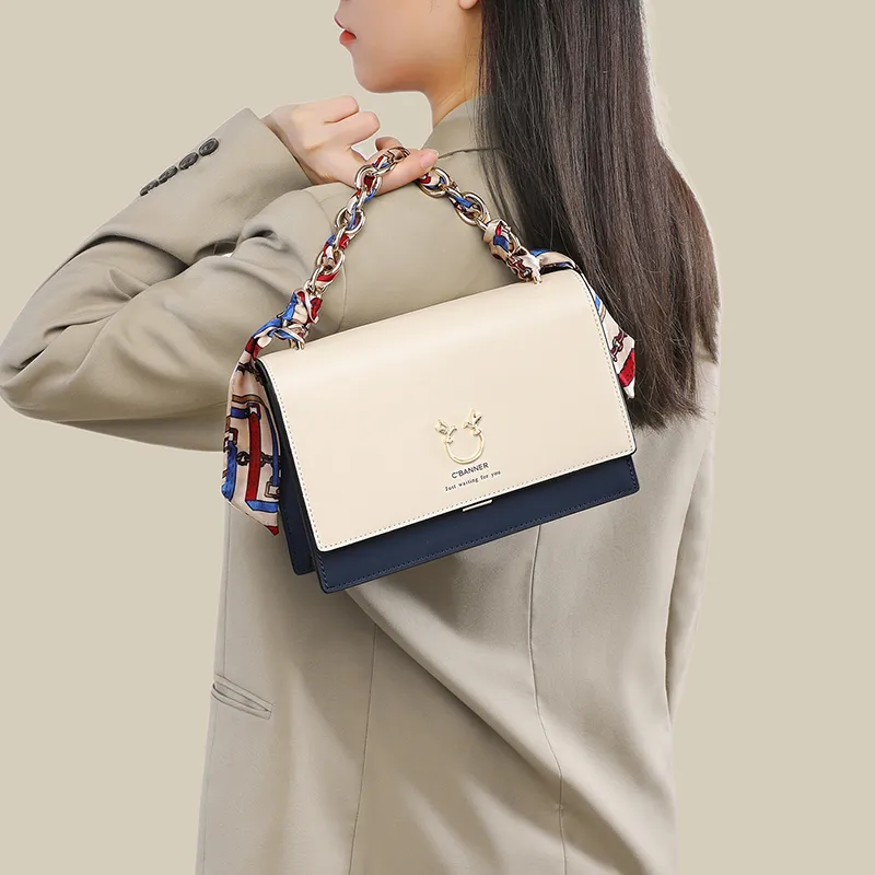 C°BANNER Cow Leather With Synthetic Leather Small Square Bag, Crossbody Handbag Regular Women's White & Blue-3