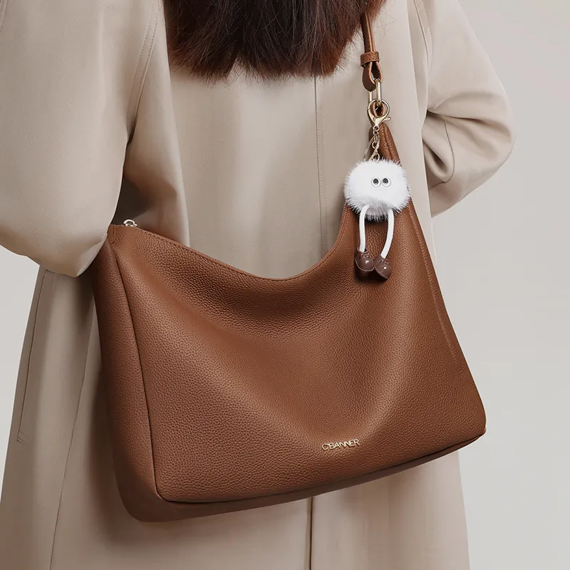 C°BANNER Cow Leather With Synthetic Leather One Shoulder Crossbody Tote Women's Brown-1