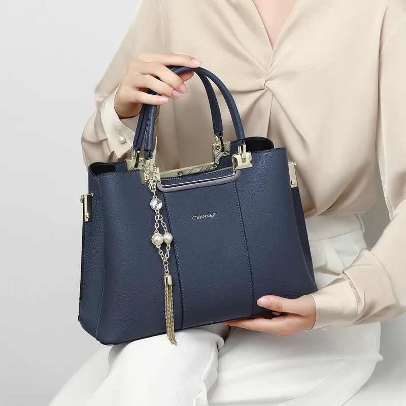 C°BANNER Cow Leather With Synthetic Leather Handbag, Tote Bag, Shoulder Bag, Crossbody Bag Tubas Women's Blue/Ecru-2