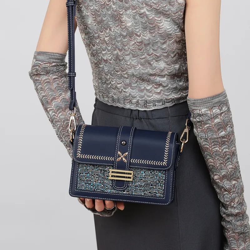 C°BANNER Cow Split Leather Synthetic Leather Textile Backpack Small Square Bag Crossbody Bag Shoulder Bag Women's Blue-5