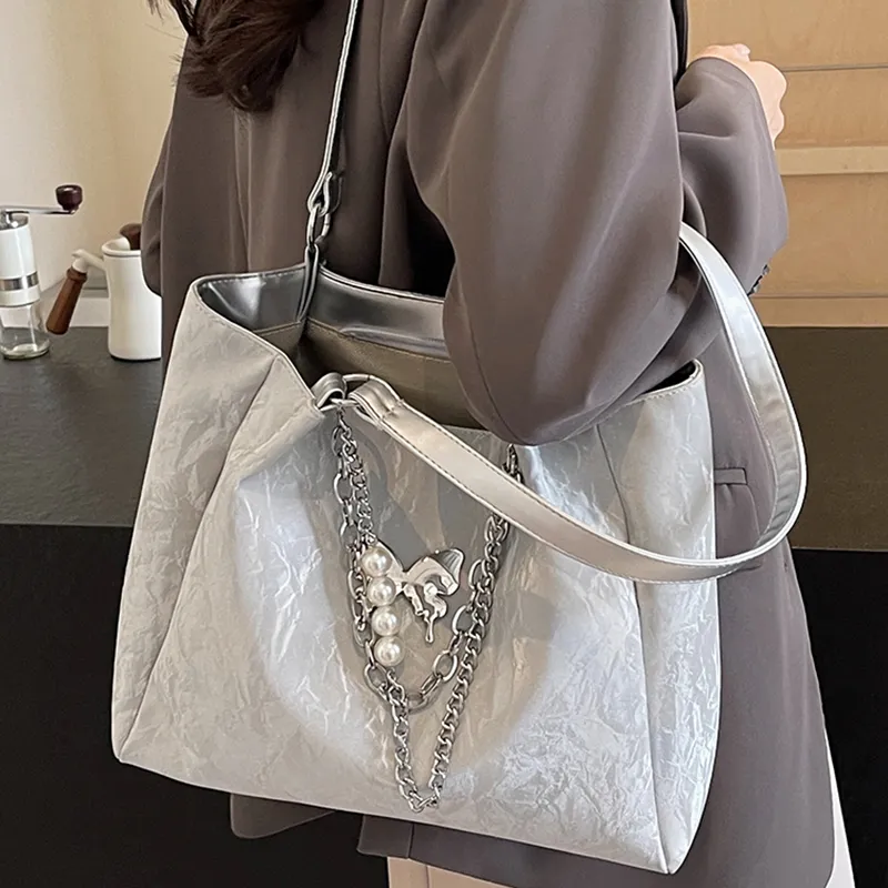 C°BANNER Cow Leather With Synthetic Leather Underarm Tote Shoulder Bag Regular Women's Silver-3