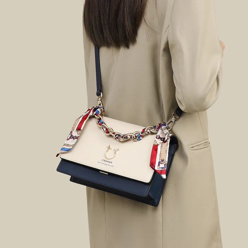 C°BANNER Cow Leather With Synthetic Leather Small Square Bag, Crossbody Handbag Regular Women's White & Blue-2