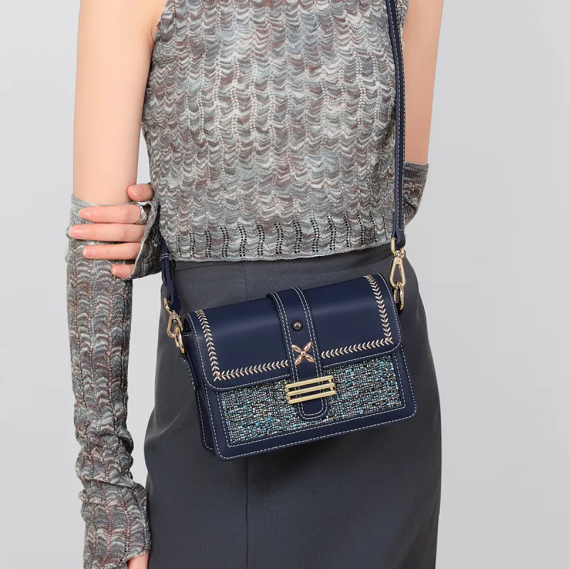 C°BANNER Cow Split Leather Synthetic Leather Textile Backpack Small Square Bag Crossbody Bag Shoulder Bag Women's Blue-2