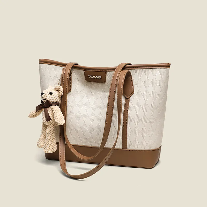 C°BANNER Cow Leather With Synthetic Leather Tote Bag, Shopping Bag, Shoulder Bag Regular Women's Beige White Brown-3